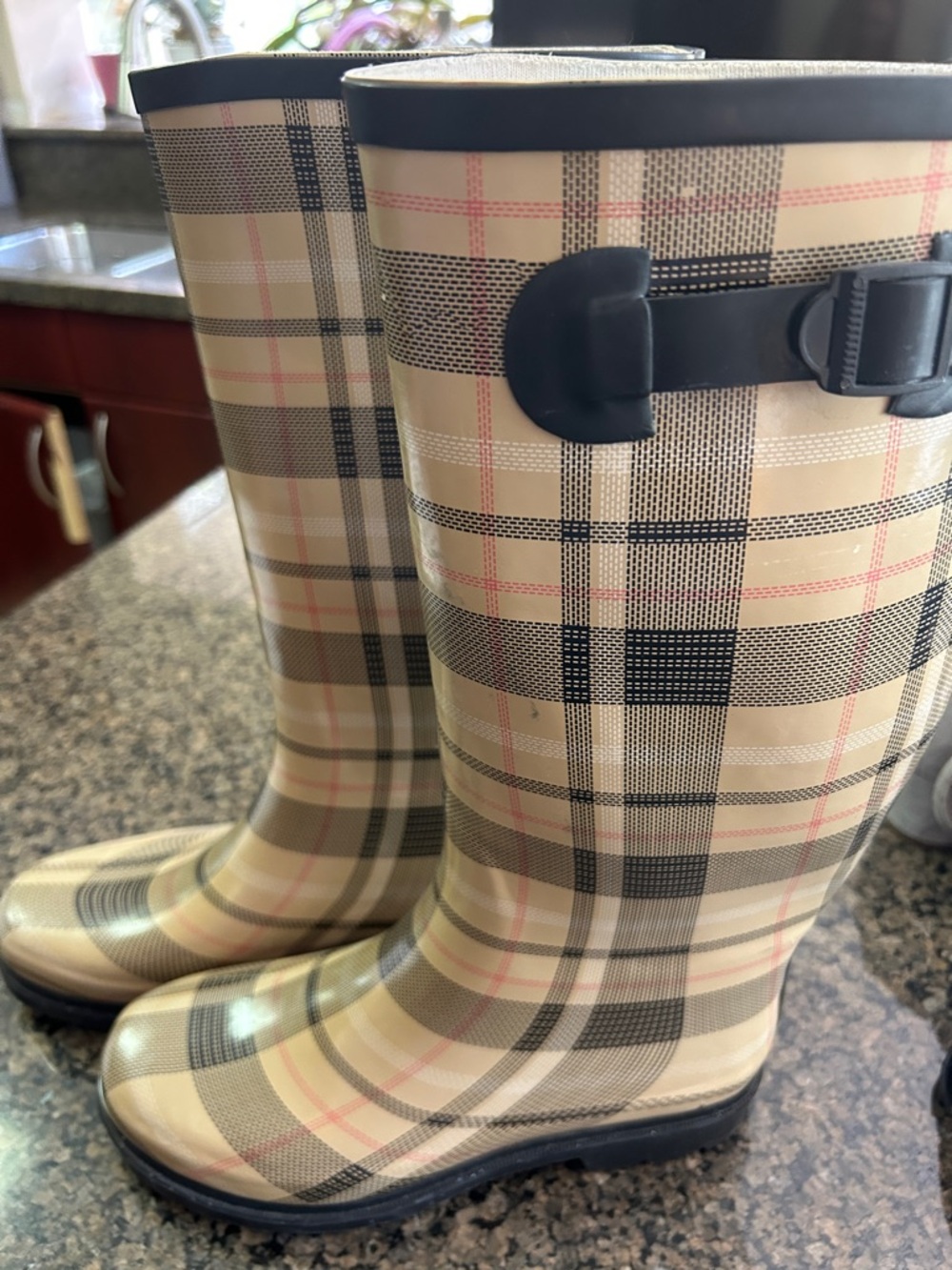 Beige Plaid Tall Rain Boots with Black Trim
